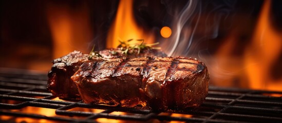 Poster - Steak sizzling on grill with fiery backdrop