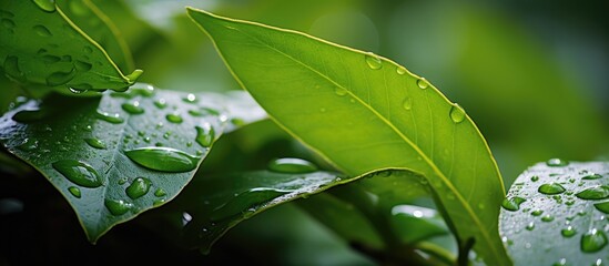 Wall Mural - Green leaf with raindrops