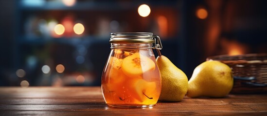 Poster - Glass jar filled with sliced pears on wooden surface