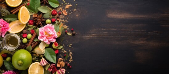 Fototapete - Table filled with colorful fruits and flowers