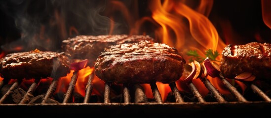 Fototapete - Burgers and Onions Cooking on Grill