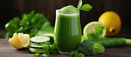 Poster - Glass of green juice with straw and sprig, nutritious green smoothie background