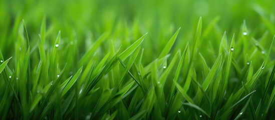 Wall Mural - Green grass field close-up with water droplets