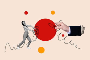 Poster - Creative trend collage of entrepreneur female hand hold banner development employee professional goal weird freak bizarre unusual fantasy