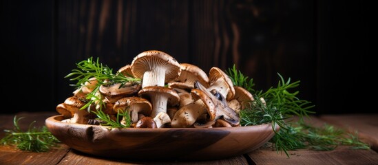 Aufkleber - Mushrooms in a wooden bowl with rosemary