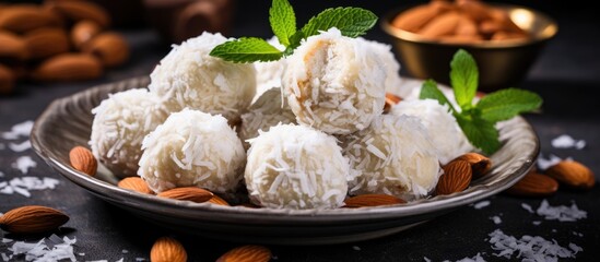 Aufkleber - Plate of almonds and coconut on table