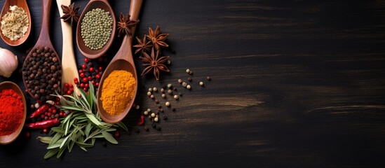 Poster - Various herbs and spices on dark wood surface