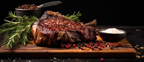 Aufkleber - Grilled ribeye steak on board, seasoned with pepper