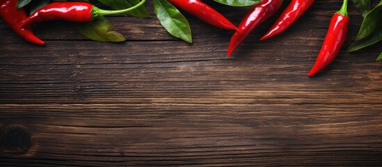 Poster - Red chili peppers and basil leaves on a wooden table