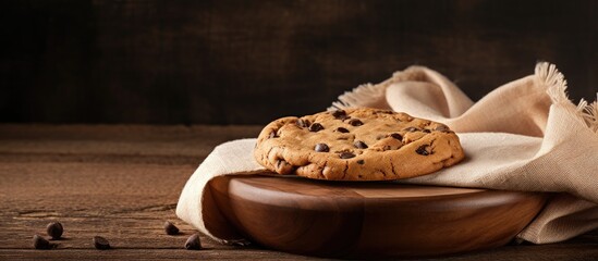 Poster - Freshly baked chocolate chip cookie on wooden plate