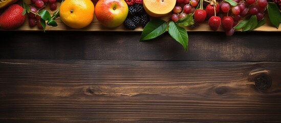 Aufkleber - Assorted fruits displayed on a wooden surface with a fresh green leaf