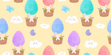 Fototapeta Dziecięca - Easter bunnies Seamless pattern on an egg balloon, watercolor style, Easter packaging, spring pattern with flowers and rabbits, Easter eggs seamless pattern, flowers and clouds, butterflies, 