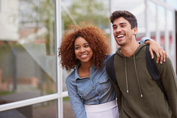 Poster - Students, couple and walking at school for university, love and study with smile or hug. Man, woman and strolling outdoor on campus for college, relationship and education with backpack for learning