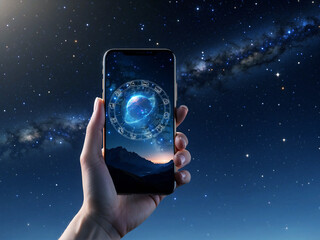 Wall Mural - hand holding mobile or cell phone with horoscope and zodiac signs on display over mystic universe like astrology on-lin concept, very realistic illustration