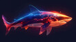 A colorful shark with a fin glides through the dark underwater world