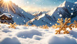 Winterlandschaft Berge mit Schnee und Eis bedeckt, Schneeflocken glitzern in der Luft, warme Sonne Strahlen in goldener Stunde erhellen die winterliche Weihnachten in weiß friedlich ruhig frostig kalt