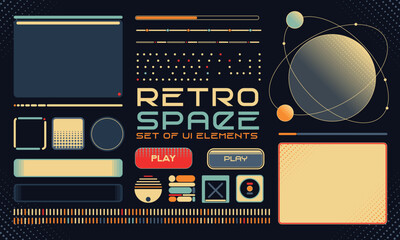 Retro futuristic cosmic illustration set. Game Interfase elements fo HUD in retro futurism style. Good for retro posters, flyers, interfaces. Vector Illustration. EPS10