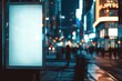 Blank white vertical digital billboard poster on city street night, blurred urban background, mockup