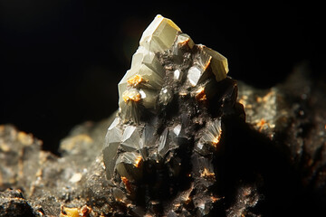 Cuspidine fossil mineral stone. Geological crystalline fossil. Dark background close-up.