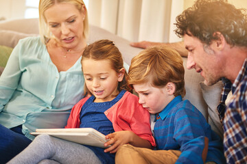 Wall Mural - Family, reading and together on couch for teaching with happiness, relationship love and rapport. Parents, young children and book on sofa in living room for learning with relaxing, weekend and smile