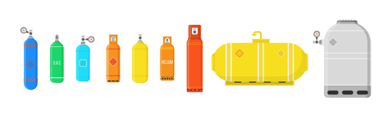 Different gas cylinders isolated on white background. Fuel storage liquefied compressed gas high pressure camping equipment set. Colorful vector illustration in flat style