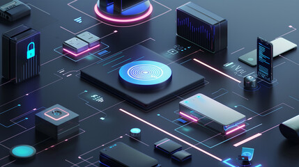 Poster - cyber security technology background, futuristic cyber tech digital data protection through biometric authentication concept illustration, encryption technology 