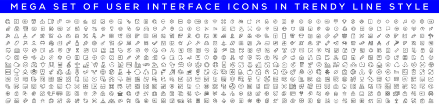 Mega set of icons in trendy line style. ui ux, ecology, real estate, transport, Business, ecommerce, finance, accounting. Big set Icons collection. Vector illustration