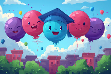 Smiling balloons in graduation cap, happy graduation event, cartoon illustration