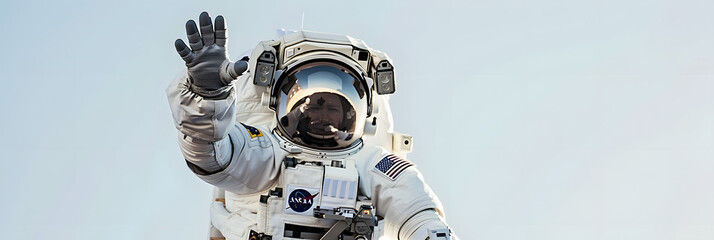 Wall Mural - an astronaut reaching out towards the viewer against a clear sky backdrop, symbolizing connection an