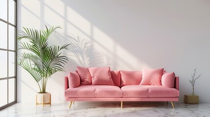 A pink couch sits in front of a window with a plant in a pot. The room is bright and airy, with a white wall and a large window that lets in plenty of natural light