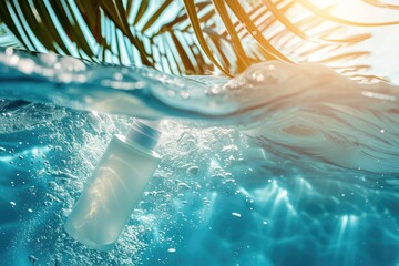 Wall Mural - Palm Paradise: Glass Cosmetic Bottle in Sunlit Waters