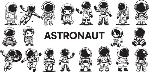 cute vector astronaut illustrations set isolated on white background. Cartoon cosmonaut sitting. flying, standing