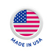 Made in USA round badge with American flag. Vector realistic 3d label. American product emblem in circle, US quality product design element.