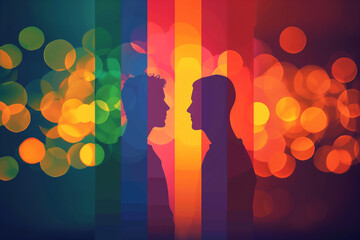 Artistic illustration of gay couple with face to face embracing.