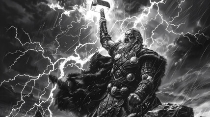 Engraving of the Norse god Thor wielding a magical hammer called Mjolnir in Scandinavian saga mythology, with the ability to control thunder and lightning, stock illustration image