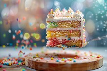 Colorful Birthday Cake Slice Being Served With Sprinkles Falling