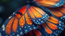 Macro Shot Of A Monarch Butterfly's Vibrant Orange And Black Wing, Detailed With Tiny Glistening Dew Drops. Generative AI