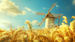 © AngrySun - Countryside landscape with old windmill among wheat field and blue sky. Eco tourism. Generative AI