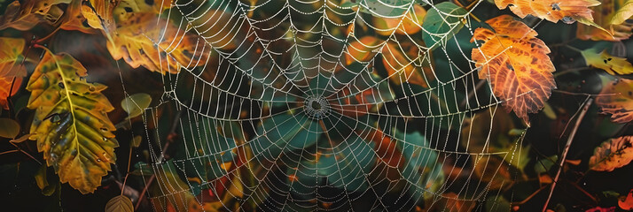 Wall Mural - An arthropods spider web made of natural material is intricately woven among leaves in a forest, creating a beautiful pattern while capturing insects for the terrestrial animal