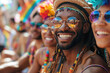 portrait of happy black smiling bisexual gay man in crowd of people at street LGBT parade pride in summer festival