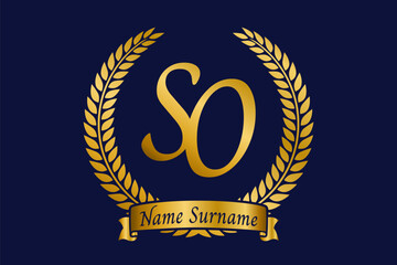 Initial letter S and O, SO monogram logo design with laurel wreath. Luxury golden calligraphy font.