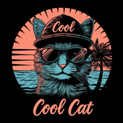 Stylish cat in sunglasses and Cool Cat hat against a tropical backdrop