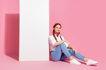 Wall Mural - Full length photo of cheerful cool lady dressed cowboy outfit communicating modern device empty space isolated pink color background