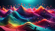 Hintergrund und Vorlage aus regenbogen bunten dynamischen Wellen 3D Landschaft mit Fraktalen Linien uund Punkten schwebend, wie technische Analyse Auswertung moderne Technik Struktur Steuerung