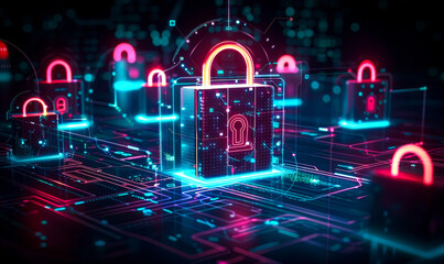 Poster - futuristic cybersecurity network with padlocks and neon lights on dark background