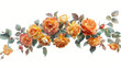 Dessin d'une couronne de fleurs oranges, roses avec feuilles et épines sur fond blanc à l'aquarelle