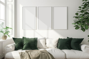 Wall Mural - Empty poster frames set on a white wall in a minimalist living room with white sofa and green cushions