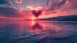 A heart-shaped sunset over a tranquil seascape, reflecting the peacefulness and serenity of love