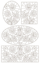 Wall Mural - Set of contour illustrations in stained glass style with floral arrangements, dark contours on a white background