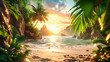 © Jahid - Pristine Beach at Dusk, Encircled by Lush Palms and Rock Formations, Offering a Glimpse into Secluded Island Paradise